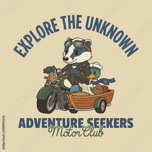 This whimsical illustration captures a badger and duck riding a motorcycle together, symbolizing friendship and adventure, while inviting exploration of unknown territories.