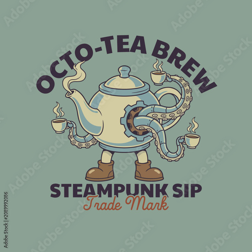 This unique steampunk-inspired illustration features a whimsical teapot with tentacles, highlighting creativity and innovative design, perfect for fans of fantasy and bizarre concepts.