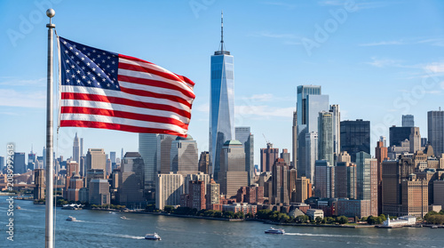 American Flag Waves Over New York City Skyline with One World Trade Center