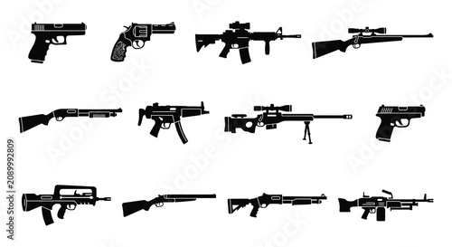 Obraz na plátně Black Silhouette Collection Of Various Firearms And Weapons