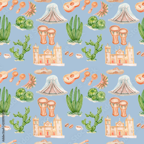 Photography South America travel  illustration with landmarks, tropical animals, palm trees, exotic flowers and ocean background