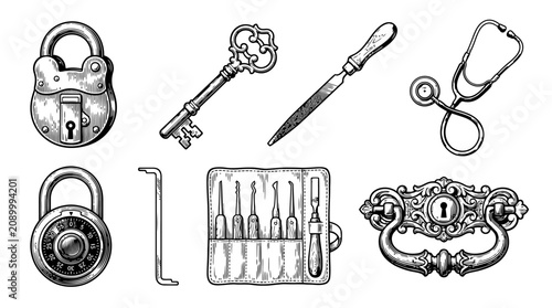 Vintage Locksmith and Security Tool Set Illustration - Antique Locks, Skeleton Key, Lock Picks, and Combination Dial Engraving Style Vector Art