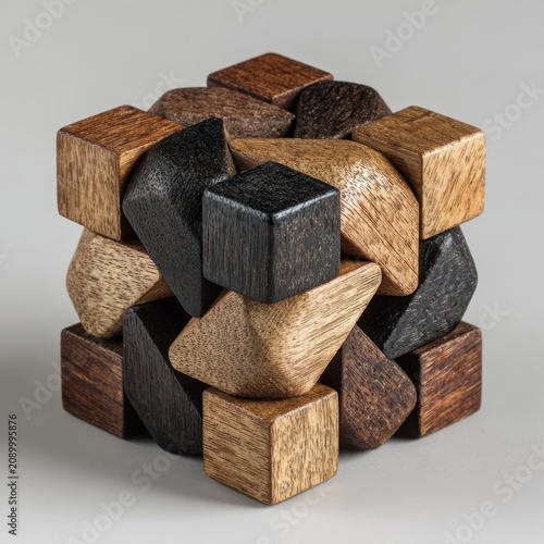 Intricate wooden puzzle cube showcasing problem-solving and creative thinking in a dynamic, modern design for business concepts