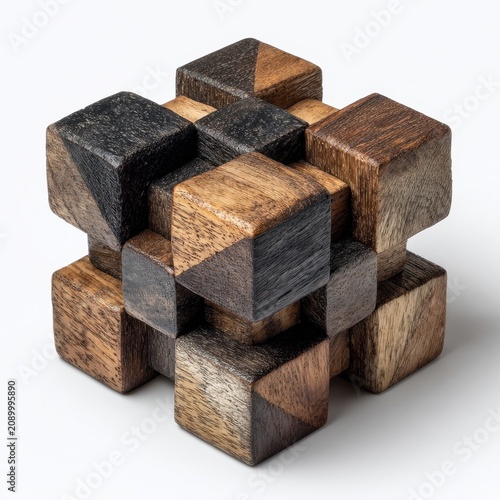 Intriguing wooden puzzle cube with geometric design, perfect for brain teasers, games, and creative concepts