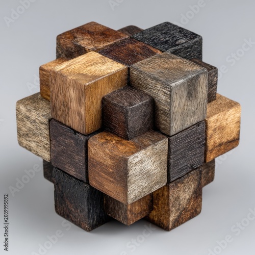 Intricate wooden puzzle showcasing problem-solving and creative thinking, perfect for business concepts and design.