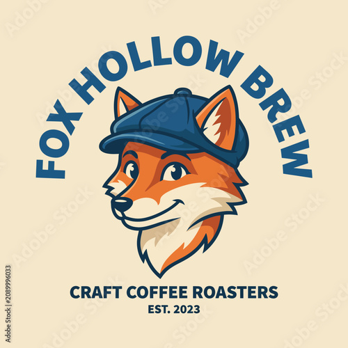 This eye-catching logo features a friendly fox wearing a cap, representing the craftsmanship and passion behind Fox Hollow Brew's delightful coffee offerings.