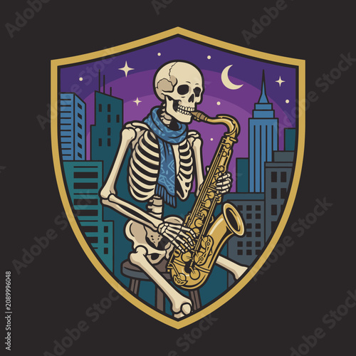This captivating illustration features a jazzy skeleton playing saxophone in a vibrant city backdrop at night, creating a lively atmosphere of music and urban life.
