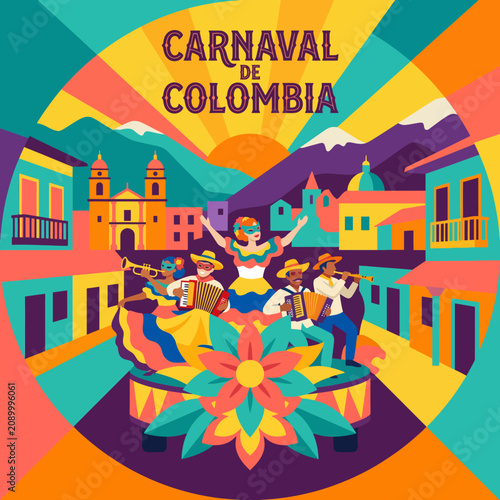 This colorful illustration captures the vibrancy of Colombian culture during Carnaval, showcasing lively musicians and dancers in a festive environment, celebrating tradition and joy.