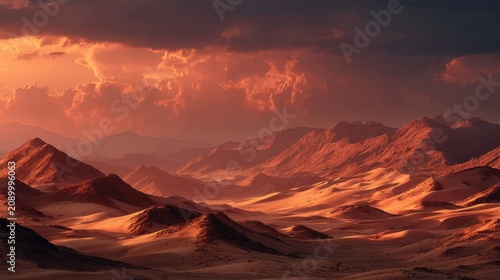 Dramatic sunset illuminates sandy dunes beneath towering mountains creating a sense of adventure and awe inspiring natural beauty