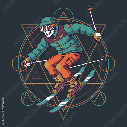 A dynamic skeleton skier captures the thrill of winter sports, showcasing bold colors and geometric shapes that create a vibrant and exciting atmosphere.