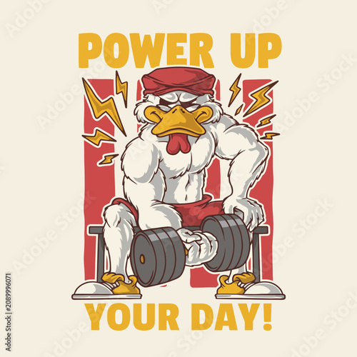 A muscular chicken character symbolizes strength and determination in a playful mood, promoting the idea of fitness and fun through its engaging, humorous design approach.