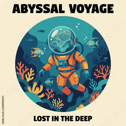 This captivating image showcases an astronaut exploring the deep sea, surrounded by colorful marine life and coral reefs, representing adventure and discovery beneath the waves.