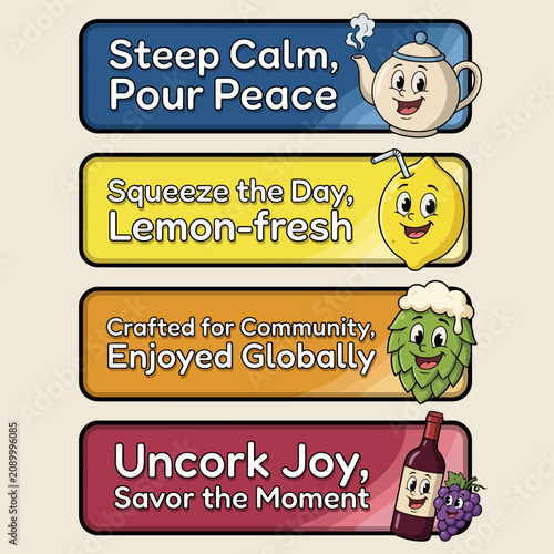 A cheerful collection of inspiring quotes centered around beverages, encouraging relaxation and positivity through playful illustrations and engaging character designs.
