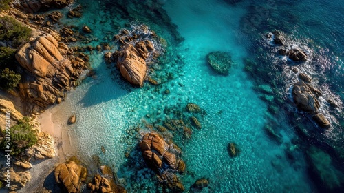 Stunning aerial view of a secluded turquoise cove with crystal clear water and dramatic rock formations perfect for travel inspiration