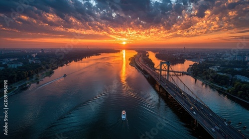 Stunning panoramic aerial view of a vibrant sunset over a wide river with a bridge and city skyline
