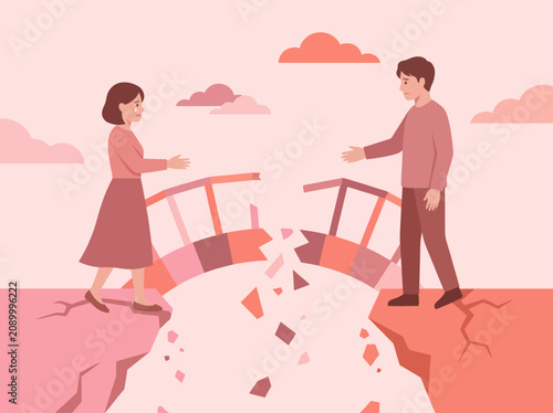 This illustration depicts a couple standing on opposite sides of a broken bridge, symbolizing emotional distance and the challenges in relationships that can arise.