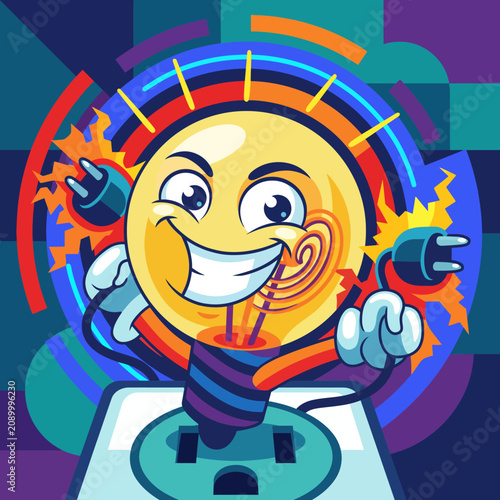A playful cartoon light bulb generates enthusiasm with its bright smile and dynamic energy, embodying innovation and creativity through vivid colors and electric imagery.