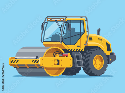 Feature a detailed illustration of a yellow roller machine set against a plain background, showcasing its industrial charm and essential function in construction.