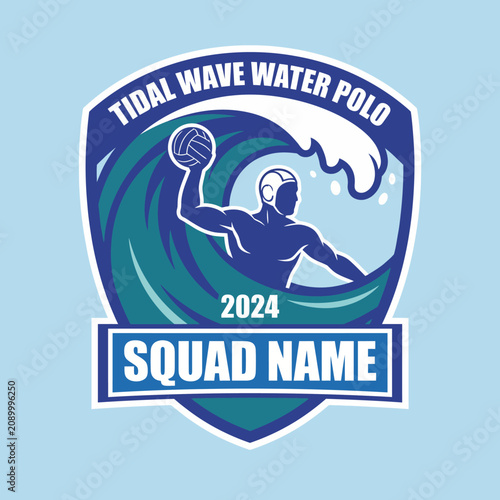 A dynamic logo for a water polo squad, featuring a player in action amidst stylized wave elements, symbolizing athleticism, teamwork, and competitive spirit in the sport.
