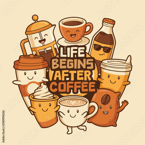 A delightful collection of cheerful coffee-themed characters encapsulating the joy of coffee with fun expressions and vibrant designs representing various drinks.