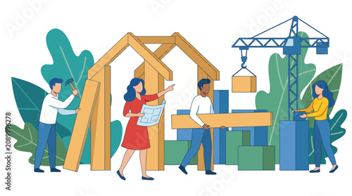 This vibrant image depicts a diverse team of construction workers engaged in building a structure, showcasing teamwork and the construction process in a modern setting.