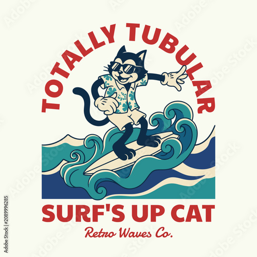 Retro Surfing Cat on Ocean Waves Vintage T-Shirt Design