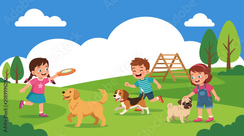 A vibrant outdoor scene where children are playing joyfully with dogs in a green park, capturing the essence of friendship, happiness, and playful activities in nature.