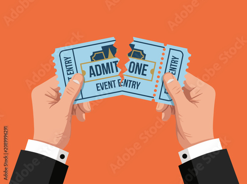 A visual depiction of two event tickets being torn, symbolizing entry and access to entertainment or special occasions, perfect for event promotion.