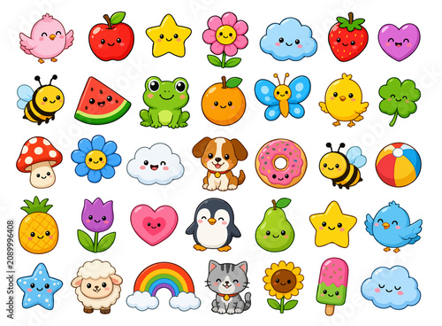 Colorful Hand Drawn Cartoon Fruits and Animals Collection in Flat Design Style