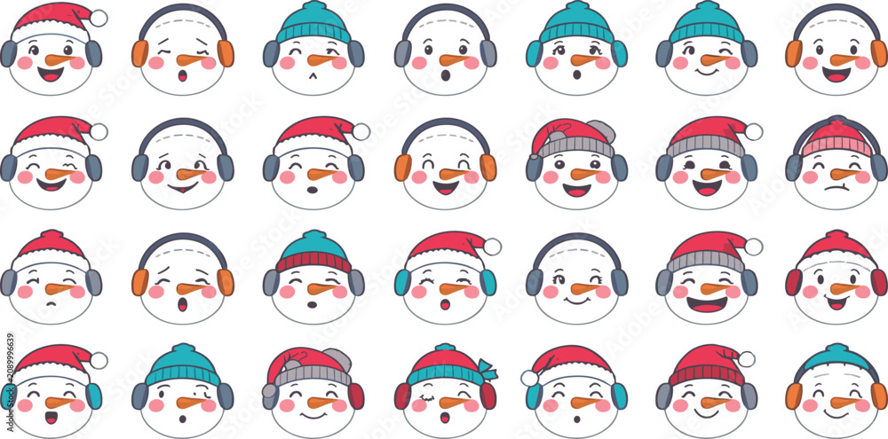 Obraz premium Cute Christmas Snowman Face Emoji Collection Featuring Winter Hats Ear Muffs Festive Expressions and Holiday Cartoon Vector Illustration Set