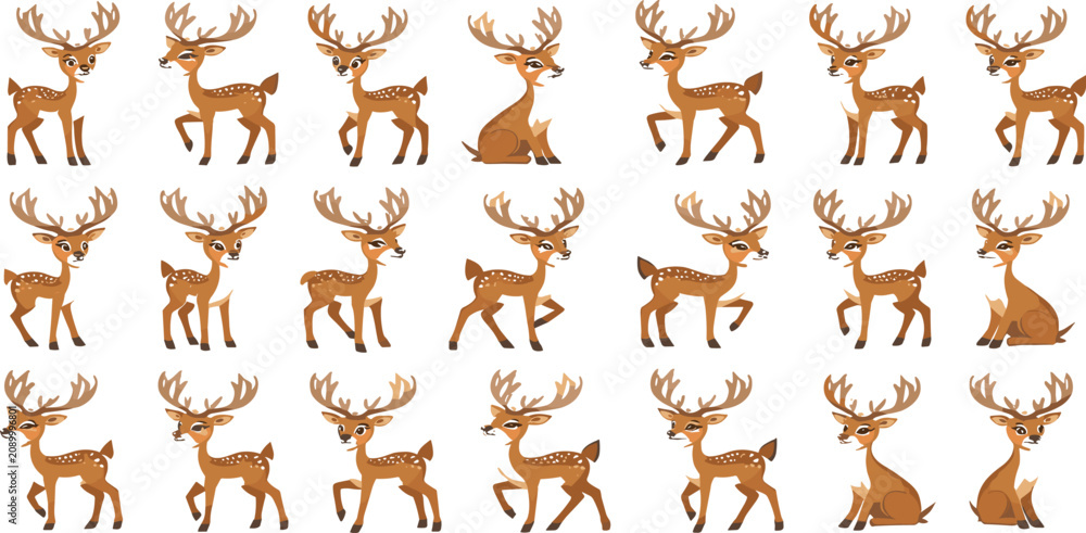 Obraz premium Cute Christmas Reindeer Character Collection Featuring Festive Woodland Deer with Antlers Winter Holiday Mascots and Cartoon Vector Illustration Set
