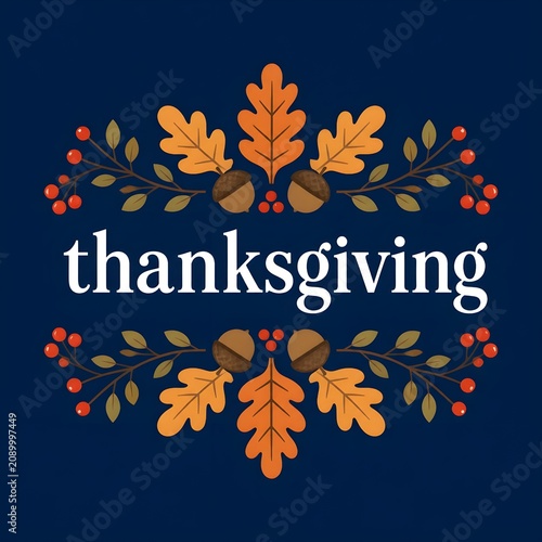 Thanksgiving text graphic with autumn leaves and acorns.