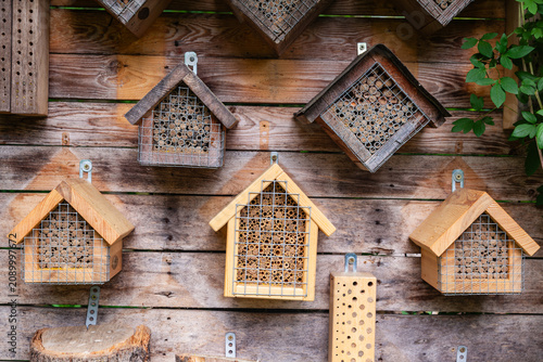Wooden insect hotels and bee houses hanging on a wooden wall decoration for garden ecology