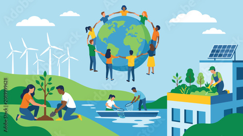 A vibrant scene depicting diverse individuals engaged in communal activities focused on sustainability and environmental stewardship, fostering a sense of community and responsibility.