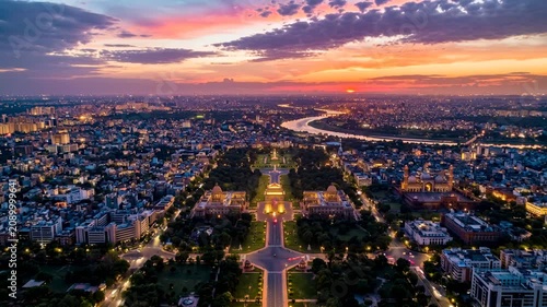 aerial view of delhi india city skyline dramatic sunset to night timelapse video