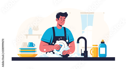 Smiling man in an apron washing a white plate with a sponge in a kitchen sink full of soap bubbles for domestic chores concept.