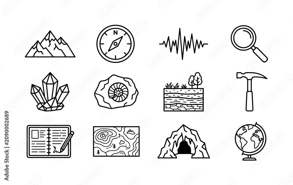Fototapeta premium Geology and earth exploration. Line outline icon set of Geology and earth exploration: mountain landscape, compass, seismic graph, magnifying glass, crystal formation, fossil rock, underground layers,