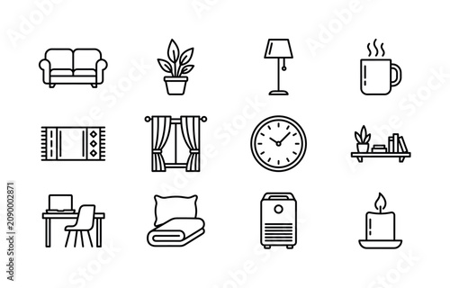 Nature exploration and camping. Line outline icon set of Nature exploration and camping: forest cabin, sleeping bag, lantern light, waterfall, wildlife paw print, fishing rod, canoe, trail signpost,