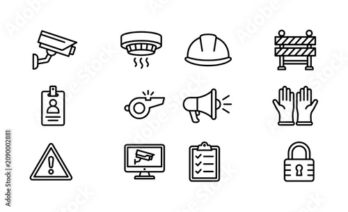 Workplace and Public Safety Systems. Line outline icon set of Workplace and Public Safety Systems: security camera, smoke detector, safety helmet, caution barrier, security badge, emergency whistle,