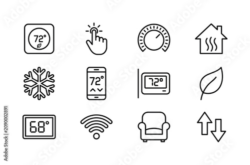 Tapping the thermostat. Line outline icon set of Tapping the thermostat: smart thermostat, finger tap gesture, temperature dial, home heating icon, cooling snowflake, smartphone control app, wall