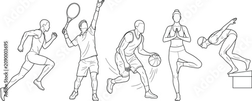 Athletes and sports activities line art set featuring running tennis basketball yoga and swimming