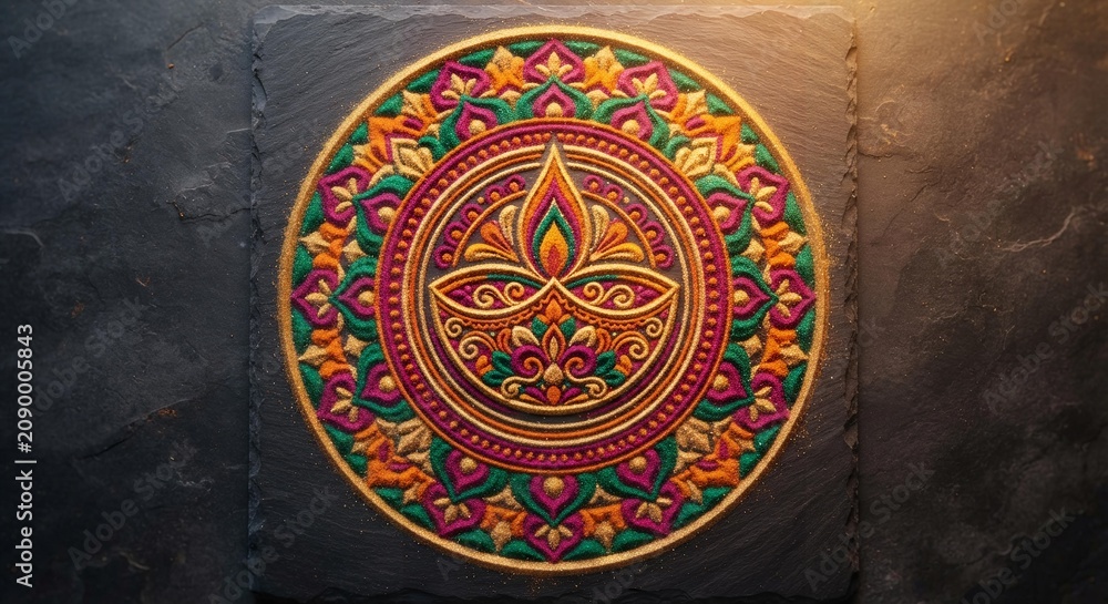 Obraz premium Colorful Diwali Rangoli Mandala on Dark Slate, Festive Home Decor Background for Seasonal Greeting Cards