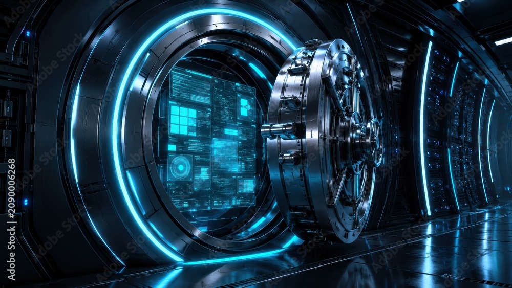 Fototapeta premium Futuristic Bank Vault with Digital Interface: A high-tech, illuminated vault door stands open, revealing a glowing digital interface with complex data streams.