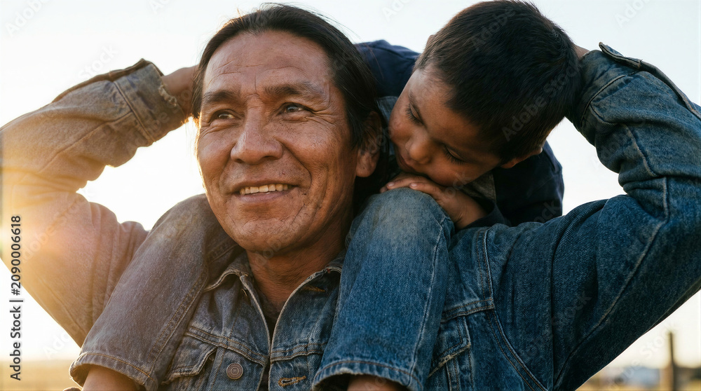 Fototapeta premium Indigenous man giving piggyback ride to small boy. Mature native american father carrying his son on shoulders outdoors. Parenting and generational bonding concept in rural landscape
