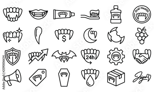 Fotografie Outline icon collection of vampire teeth and dental care for scary night themes