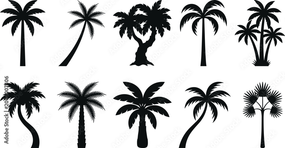 Fototapeta premium Tropical Palm Tree Silhouette Set with Coconut and Date Palm Vector Collection