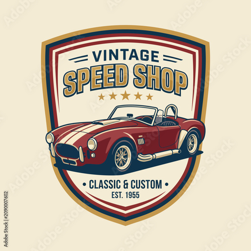 This logo design represents a classic car enthusiast's vintage speed shop, featuring a stylish sports car and elements that evoke nostalgia and passion for automobiles.