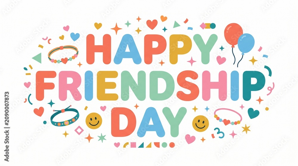 Fototapeta premium Happy Friendship Day Colorful Flat Typography Vector with Hearts and Decorative Elements