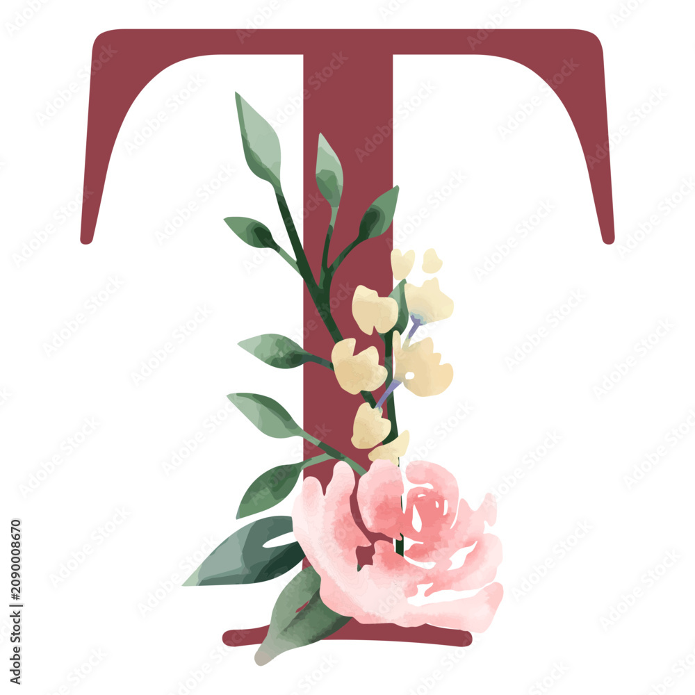 Obraz premium The letter t with flowers and leaves