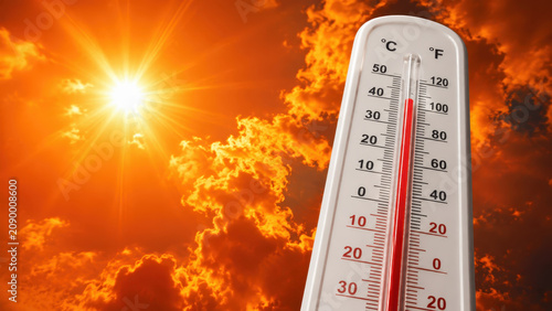 Extreme summer heatwave with high temperature thermometer highlighting climate change, dangerous weather and public health emergency el nino